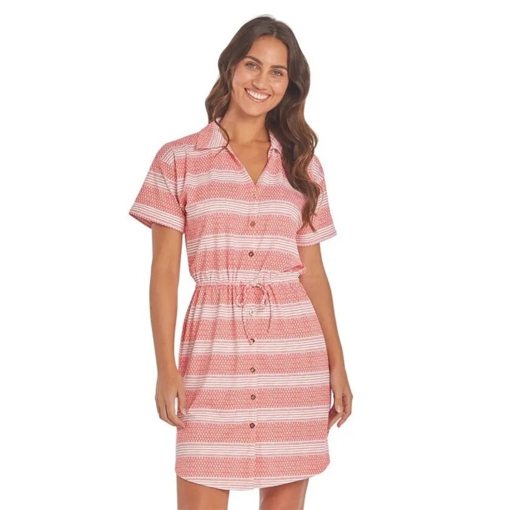 NWT Cabana Life Nantucket Relaxed Shirt Dress Coral White Stripe UPF 50+ XL